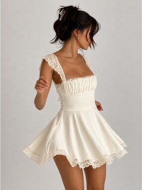 knee length dresses for ladies ADRIANA IVORY SATIN AND LACE MINI DRESS  Dress Rentals by Neish